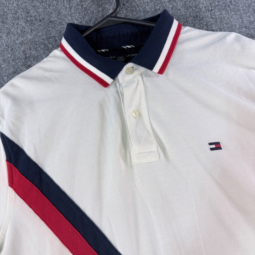 Tommy Hilfiger Mens XL Custom Fit Polo Shirt White Diagonal Stripe Cotton Pique